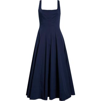 Staud Wells Stretch Cotton Poplin Midi Fit & Flare Dress in Navy at Nordstrom, Size 12