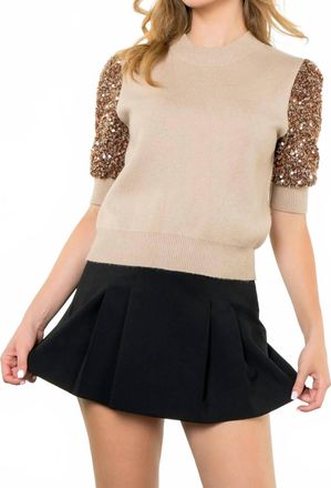 THML Clothing Micah Sequin Sleeve Top In Beige
