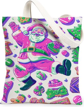 Generic Festive Santa Canvas Tote Bags, Colorful Holiday Pattern Reusable Grocery Bags, Lightweight Washable Shoulder Strap Canvas, Colorful, 13x15 Inch