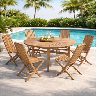 Wanda Collection Conjunto De Mesa Redonda De Teca Y 6 Sillas Plegables