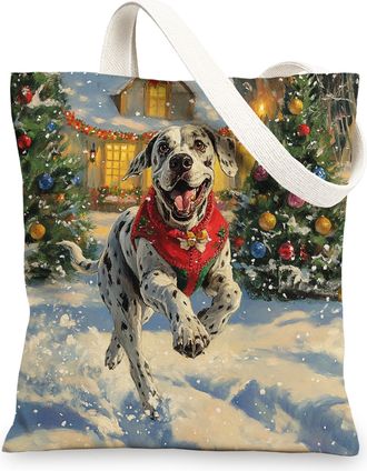 Generic Christmas Great Dane Dog Canvas Tote Bag for Shopping 13x15, Winter Snow Xmas Puppy Reusable Grocery Print Bag for Women, Holiday Pet Beach Aesthetic 