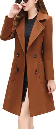 Generic Women Elegant Notched Collar Double Breasted Wool Blend Over Coat (Brown,M)
