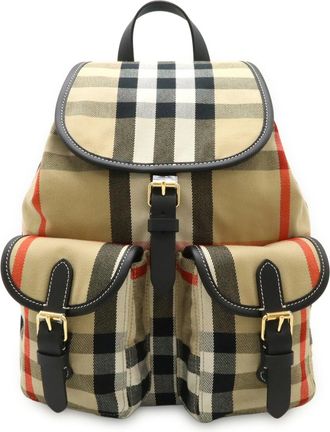 Burberry Beige Dark Brown Red Color Canvas Leather Backpack (Pre-Owned)
