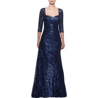 La Femme Floor Length Sequin Gown with Ruching and Sleeves in Navy at Nordstrom, Size 20