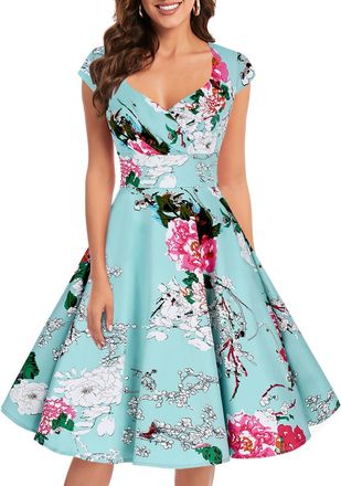 Bbonlinedress Womens 50s 60s A Line Rockabilly Dress Cap Sleeve Floral Vintage Swing Party Dress Green Flower 3XL