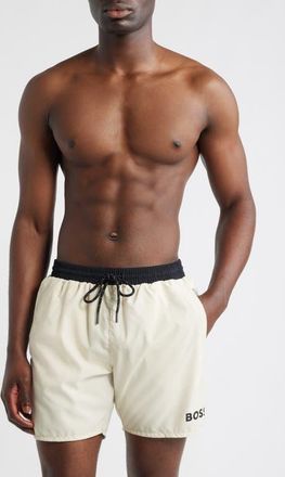 BOSS Starfish Graphic Logo Swim Trunks in Open White at Nordstrom, Size Xx-Large