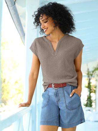 Heine Kurzarmshirt HEINE Shirt, Damen, Gr. 34, taupe, 96% Polyester, 4% Elasthan, unifarben, Rundhals, Shirts Kurzarmshirt