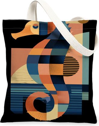 Generic Vintage Seahorses Canvas Tote Bags, Artistic Ocean Design Reusable Grocery Bags, Lightweight Washable Shoulder Strap Canvas, Black, 13x15 Inch