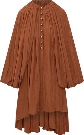 Lanvin Orange Pleated Round Neck Midi Dress