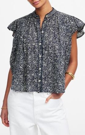 Madewell Floral Shirred Lace Trim Top in Night Indigo at Nordstrom Rack, Size Xx-Small