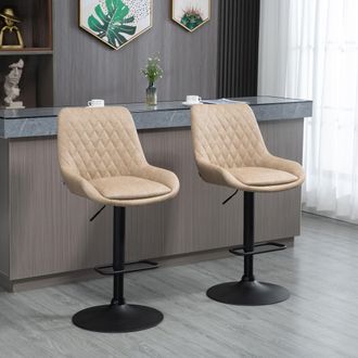 HOMCOM PU Leather Padded Bar Stools Set of 2 with Metal Base in Khaki