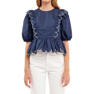 English Factory Contrast Scalloped Trim Cotton Top in Navy/white at Nordstrom Rack, Size Small