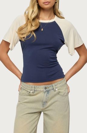 Edikted Fraise Contrast Back Tie Raglan T-Shirt in Navy-And-Cream at Nordstrom, Size X-Small