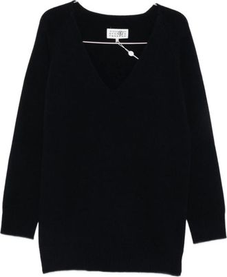 Maison Margiela V-hals trui met raglanmouwen - Dames - Truien - Zwart - Maat: XS Wol