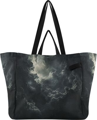 Generic Starry Cloud Black pattern Reusable Canvas Tote Bag, Heavy Duty Grocery Shopping Bag with Large Capacity Hard Bottom Double Handles Work Groceries Tra