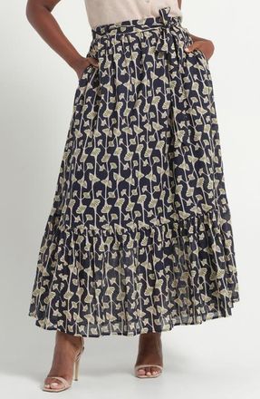 Estelle Sea Lily Belted Tiered Cotton Maxi Skirt in Navy/Fern at Nordstrom, Size 16W