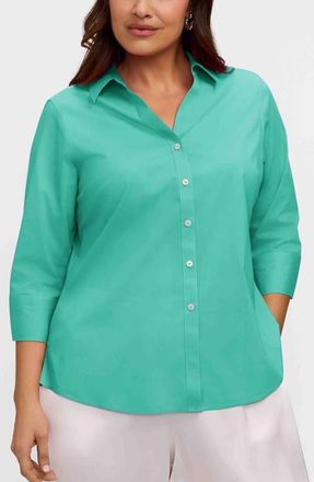 Foxcroft Mary Non-Iron Stretch Cotton Button-Up Shirt in Biscay Green at Nordstrom, Size 14W