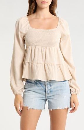 Madden Girl Smocked Tiered Ruffle Babydoll Top in Natural at Nordstrom Rack, Size Medium