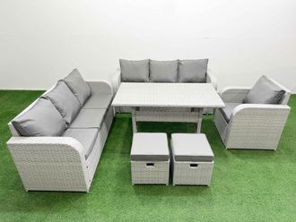 Fimous 9 Seater Poly Rattan Outdoor Garden Furniture Rectangular Dining Table Sofa Set Patio 3 Seater Sofa Reclining Chair 3 Seater Sofa Stools Light
