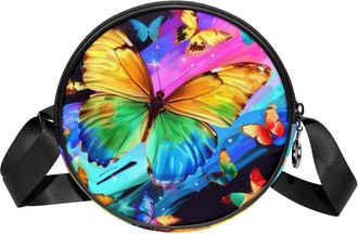 Generic Circle Crossbody Bag for Women, Butterfly Small Sling Bag Daypack with Zipper Adjustable Shoulder Straps Casual Ladies Girls Round Purse