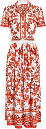 Dolce & Gabbana Majolica-print Twill Jurk - Dames - Shirt Kleedjes - Oranje - L - Kleedjes