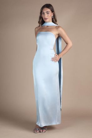 Oasis Womens By Coast Bandeau Satin Bridesmaid Maxi Dress With Scarf - Light Blue - Size 12 UK