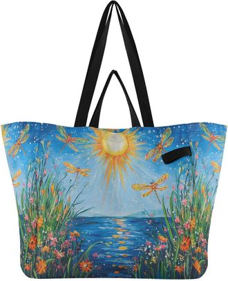 Generic Dragonfly Yellow Sun print Reusable Canvas Tote Bag, Heavy Duty Grocery Shopping Bag with Hard Bottom Double Handles Large Capacity Work Groceries Tra