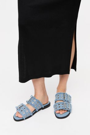 Ganni Blue Denim Feminine Buckle Two-Strap Sandals in Faded Denim Responsible Size 2 Cotton Womens