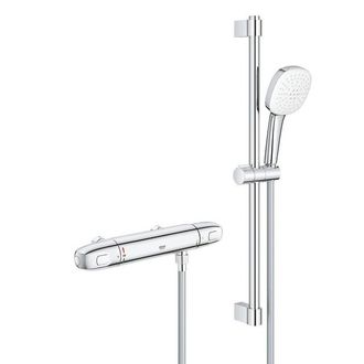GROHE Grohtherm 1000 Doucheset - thermostatische douchekraan - HOH=12cm - met glijstangset - 60cm - vierkante handdouche - 2 straalsoorten - gladde douchesl