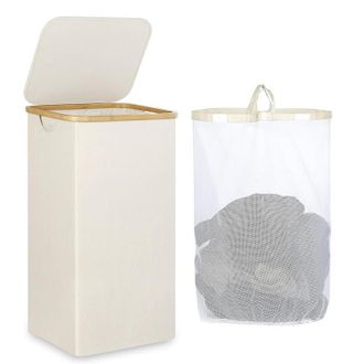 OEM Cesto De Ropa Ultradelgado Con Tapa Para Ahorrar Espacio, Forro De Malla Extra&iacute;ble, Tejido Oxford, Asa De Bamb&uacute;, Plegable, 40,5 X 33 X 75 Cm, Blanco C