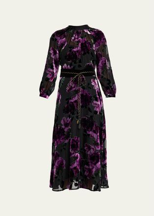 Teri Jon Belted Devore Velvet Midi Dress