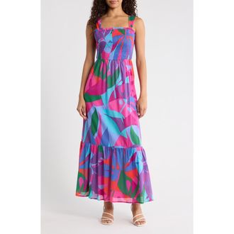 Sugarlips Vemmy Abstract Tayla Smocked Maxi Dress in Magenta-Blue-Green at Nordstrom, Size X-Small