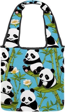 Generic Cute Panda on Blue Reversible Canvas Shoulder Tote - Double-Sided Print, 12oz Cotton, 27cm Drop, Fold-Flat Bag for Travel, Shopping, Street Outings