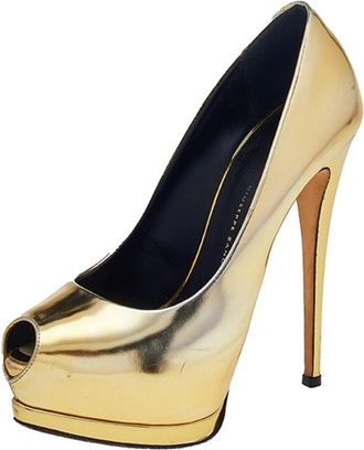 Giuseppe Zanotti Metallic Gold Mirror Leather Peep Toe Platform Pumps
