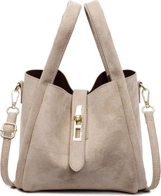Generic Cymwer Faux Suede Bucket Bag Hasp Closure Hobo Bag Small Tote Bag for Women (Beige)