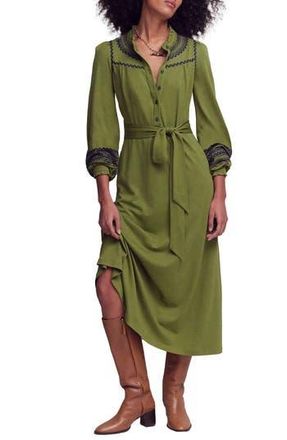 Boden Embroidered Ruffle Trim Midi Shirtdress in Olive at Nordstrom Rack, Size 10
