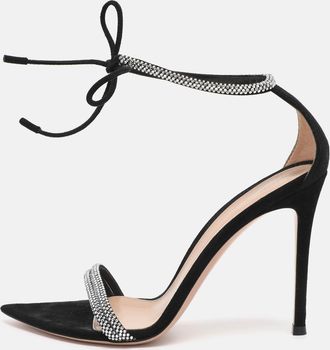 Gianvito Rossi Black Suede Montecarlo Crystal Embellished Ankle Strap Sandals