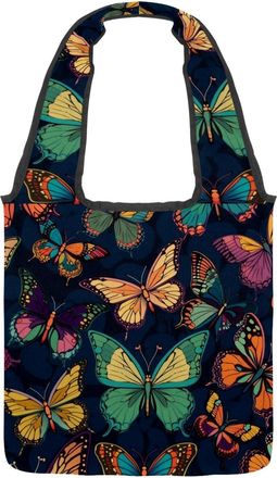 Generic Cute Butterfly Reversible Canvas Shoulder Tote - Double-Sided Print, 12oz Cotton, 27cm Drop, Fold-Flat Bag for Travel, Shopping, Street Outings