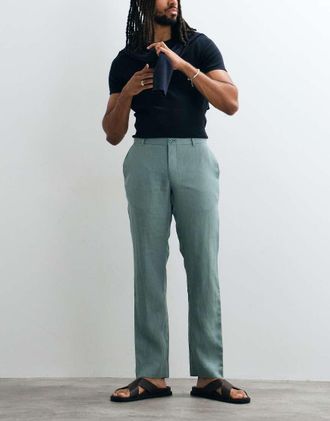 Mango Pantaloni dritti 100% lino verde menta
