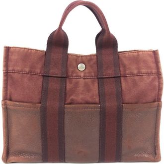 Herm&egrave;s Red Color Wine Canvas Leather Handbag Tote Bag (Pre-Owned)