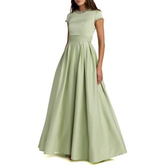 Mac Duggal Embellished Satin Cap Sleeve Ball Gown in Sage at Nordstrom, Size 12