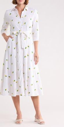 Ellen Tracy Tie Waist Shirtdress in White/Yellow at Nordstrom Rack, Size X-Small