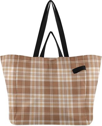 Generic White Brown Plaid pattern Reusable Canvas Tote Bag, Heavy Duty Grocery Shopping Bag with Hard Bottom Double Handles Large Capacity Work Groceries Trav