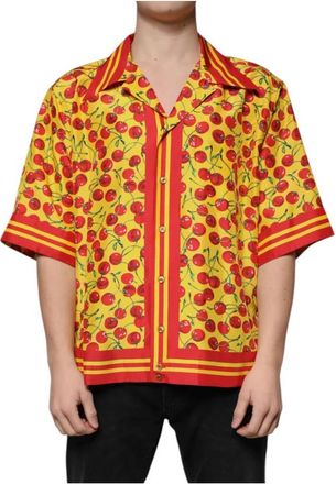 Dolce & Gabbana Kersenprint Zijden Knoopsluiting Shirt - Heren - Korte mouwen Overhemden - Veelkleurig - 3XL - Overhemden