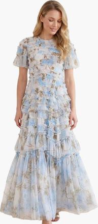 Needle & Thread Wisteria Valentine Ruffle Gown in Optic White/blue at Nordstrom, Size 12