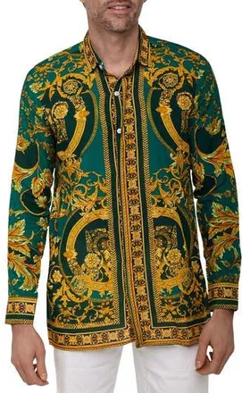 Ranee&rsquo;s Extra Trim Fit Print Linen & Cotton Button-Up Resort Shirt in Dark Gren at Nordstrom Rack, Size Xx-Large