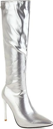 Generic Womens Stiletto Heel Pointed Toe Dress Pumps Shoes Fashion Mirror Knee High Boots with Back Zipper (5.5,Silver)