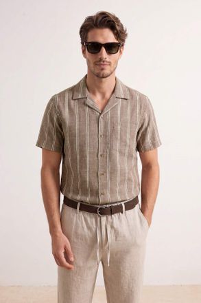 Trendyol MAN Heren Kaki Gestreept Kort Regular fit Overhemden