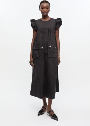 Ganni Black Stretch Cotton Frill Sleeve Dress - Size 10/12 Organic