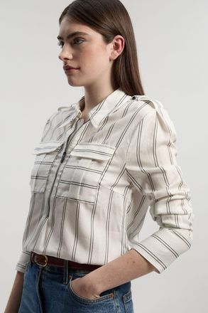 Karen Millen Womens Bold Stripe Cotton Woven Utility Shirt - White Lyocell - Size 16 UK